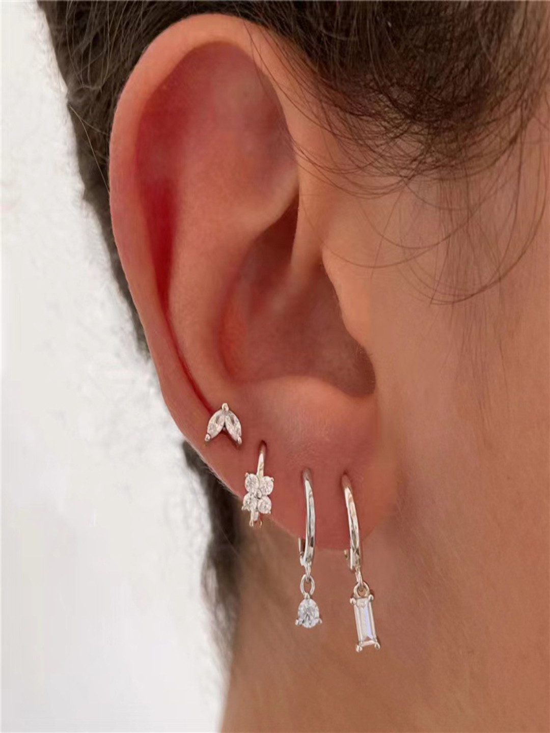 AQUASTREET Set of 4 18K Silver Plated Antitarnish Zircon Earring Set for Single Ear