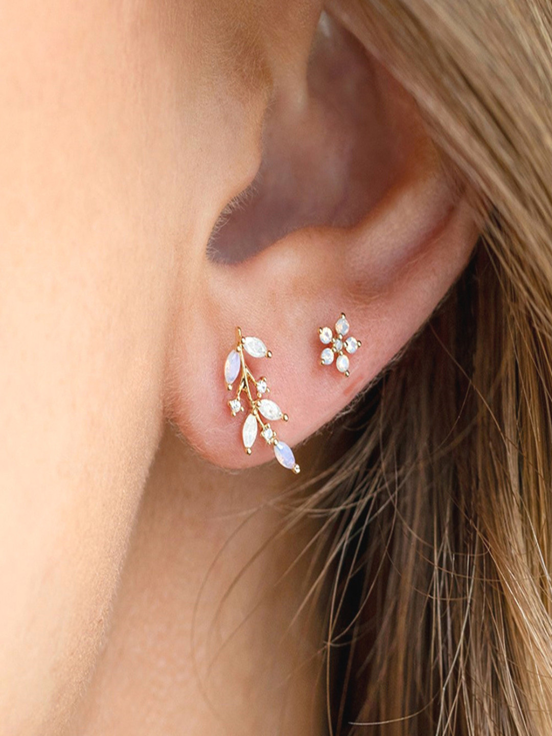 AQUASTREET Set of 2 18K Plated Anti-Tarnish Pink Floral Earring Set for Single Ear