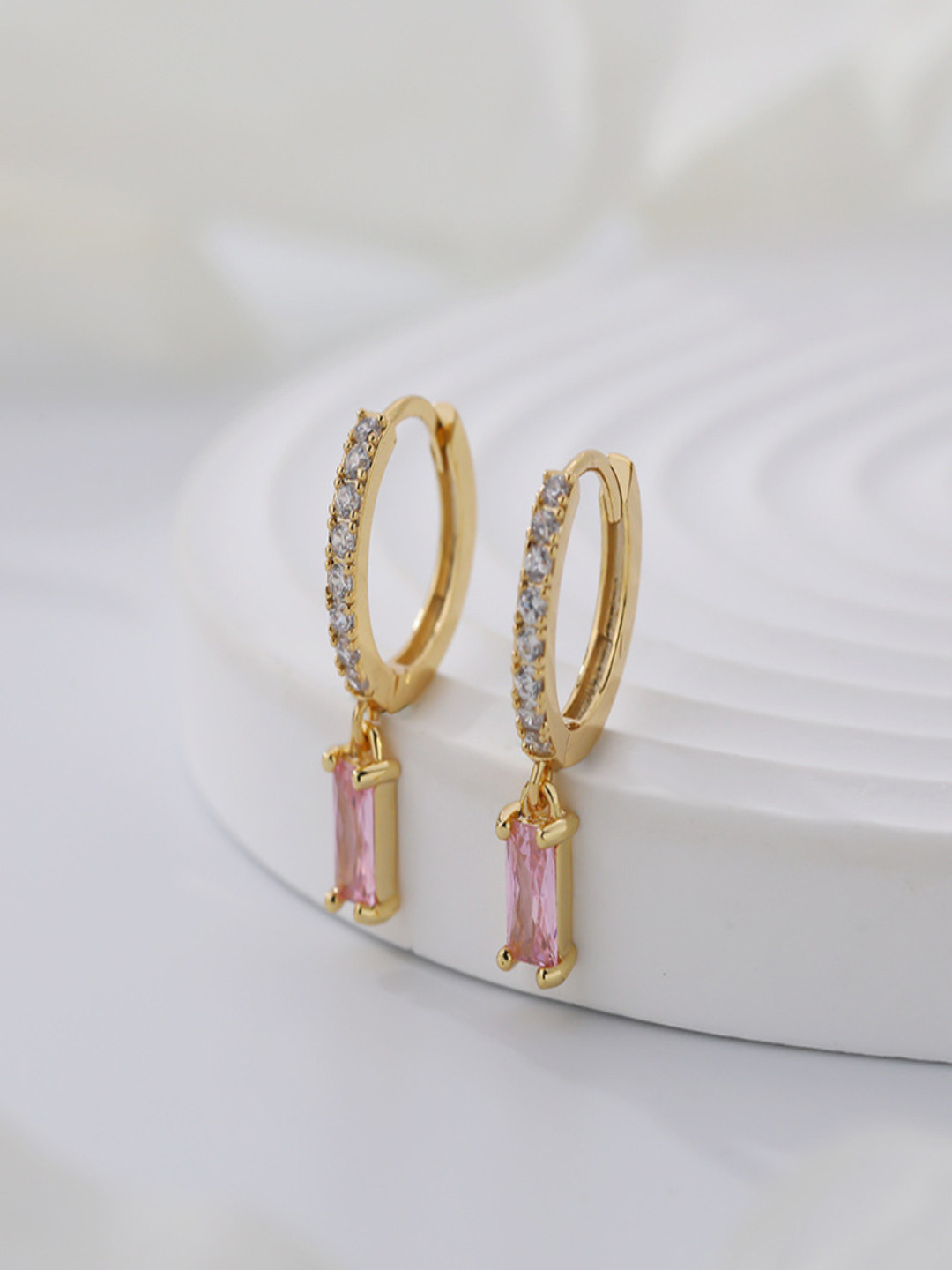 AQUASTREET 18K Gold Plated Waterproof, Anti-Tarnish Pink Zircon Drop Huggie Earrings