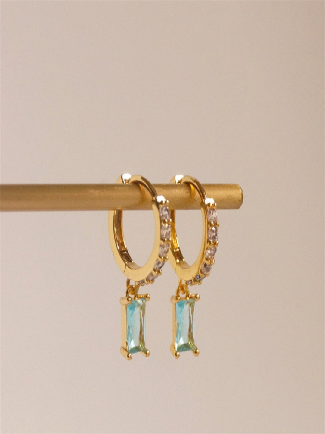AQUASTREET 18K Gold Plated Waterproof, Anti-Tarnish Aqua Blue Zircon Drop Huggie Earrings