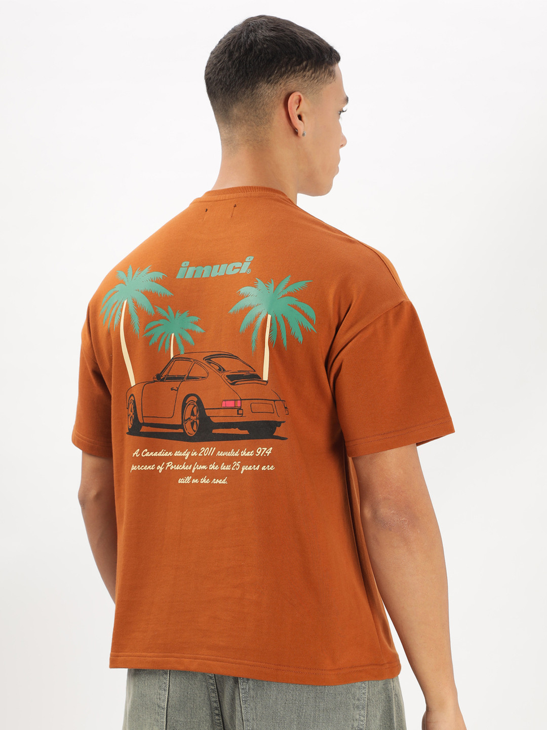 IMUCI Men Printed Drop-Shoulder Sleeves Slim Fit Pure Cotton T-shirt