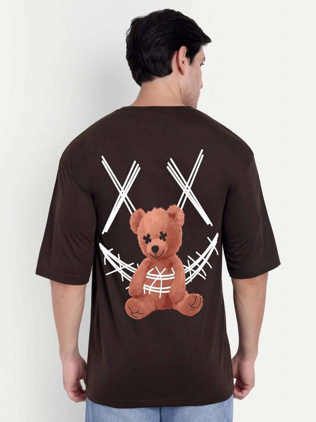 BENNY BROOKS Unisex Teddy Bear Printed Round Neck Drop-Shoulder Sleeves Oversized T-shirt