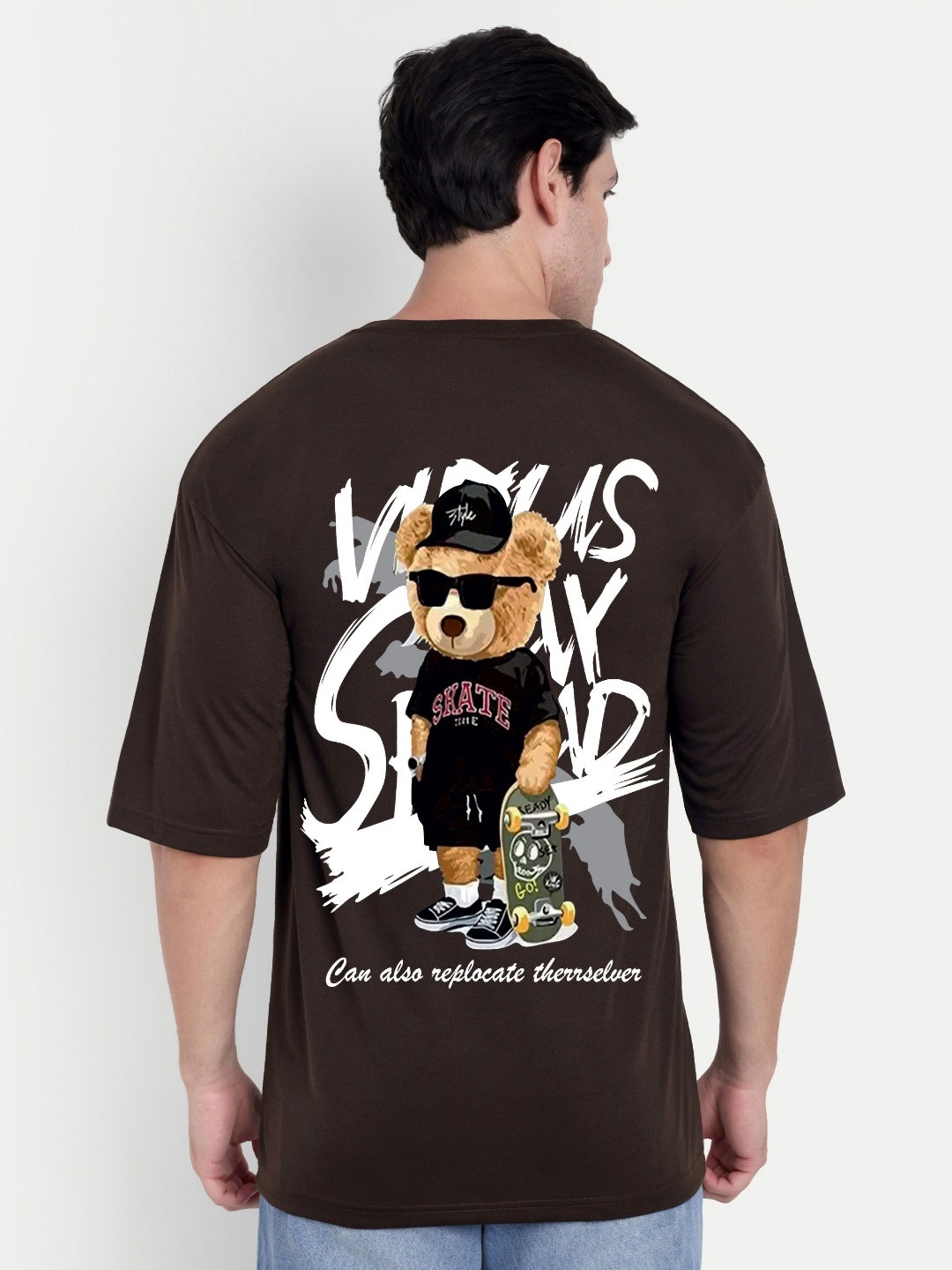 BENNY BROOKS Unisex Teddy Bear Printed Round Neck Drop-Shoulder Sleeves Oversized T-shirt