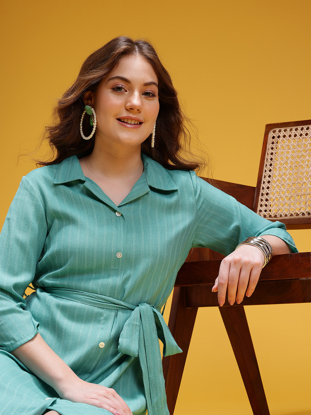 HERE&NOW Striped Belted Midi Shirt Ethnic Dress
