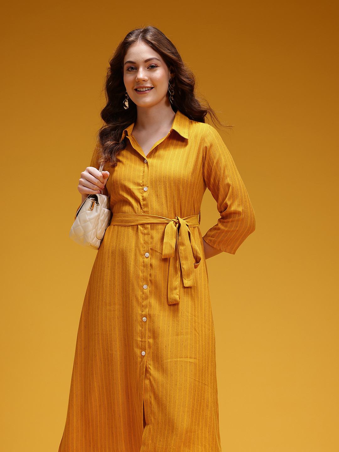 HERE&NOW Striped Belted Midi Shirt Ethnic Dress