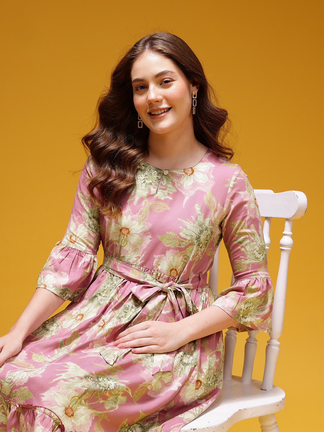 HERE&NOW Floral Printed Key-Hole Neck Ruffle Detail Pleated A-Line Dress with Belt