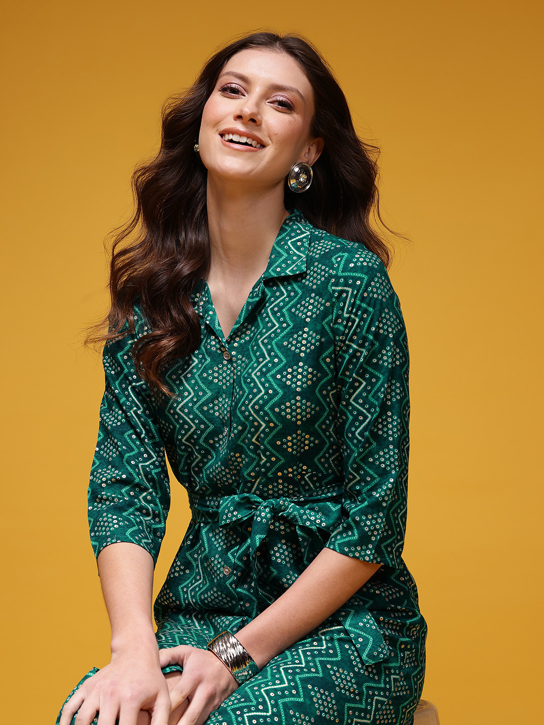 HERE&NOW Bandhani Print Belted Shirt Midi Ethnic Dress