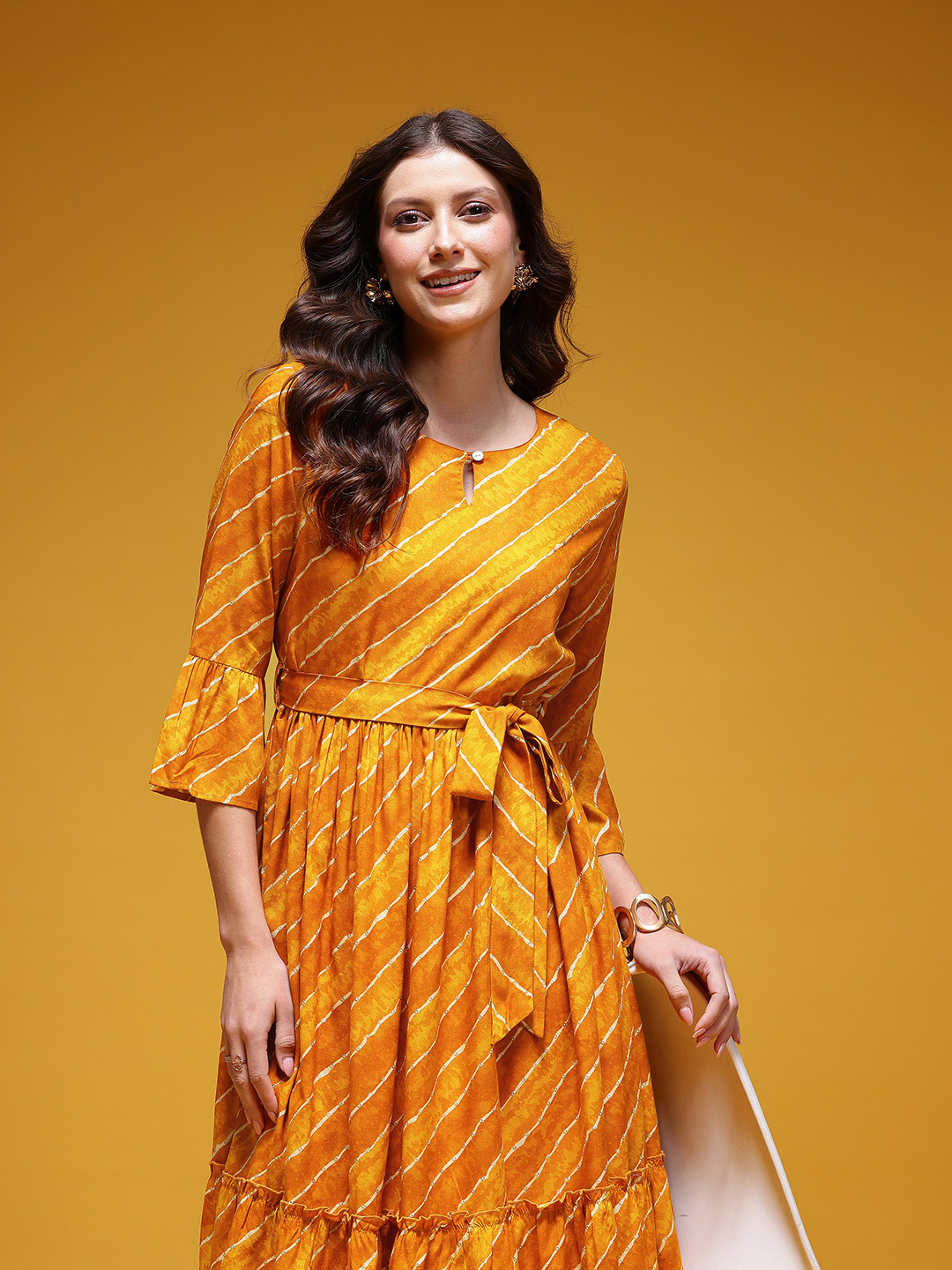 HERE&NOW Leheriya Stripes Keyhole Neck Bell Sleeves A-Line Dress with Belt