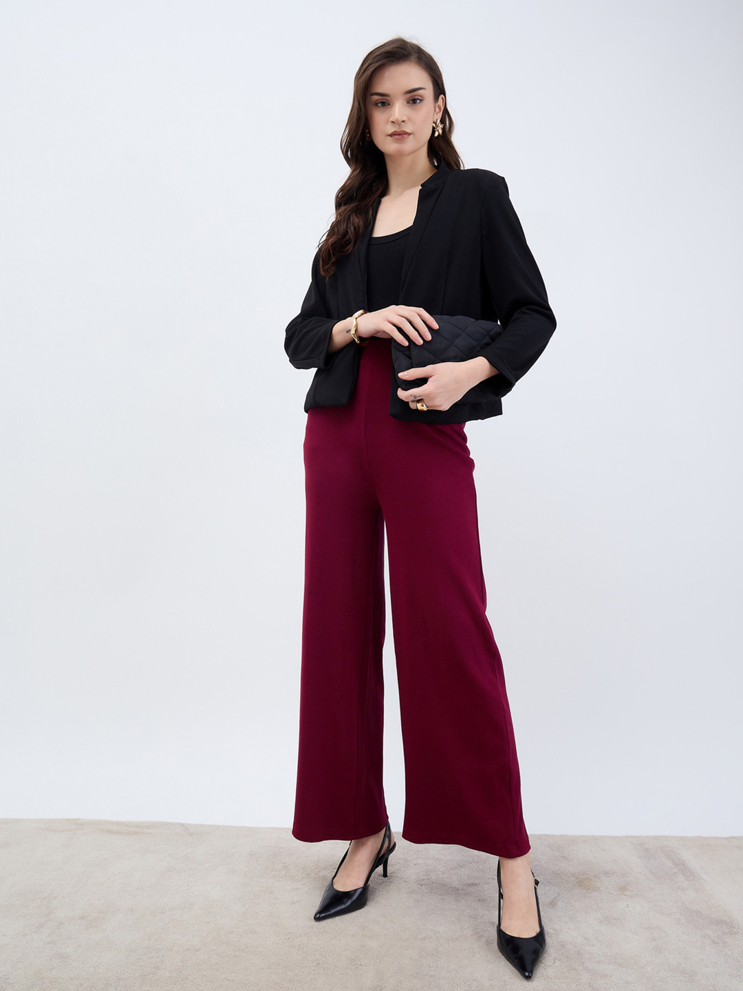 Styli Women Burgundy Wide Leg High Waist Ribbed Trouser
