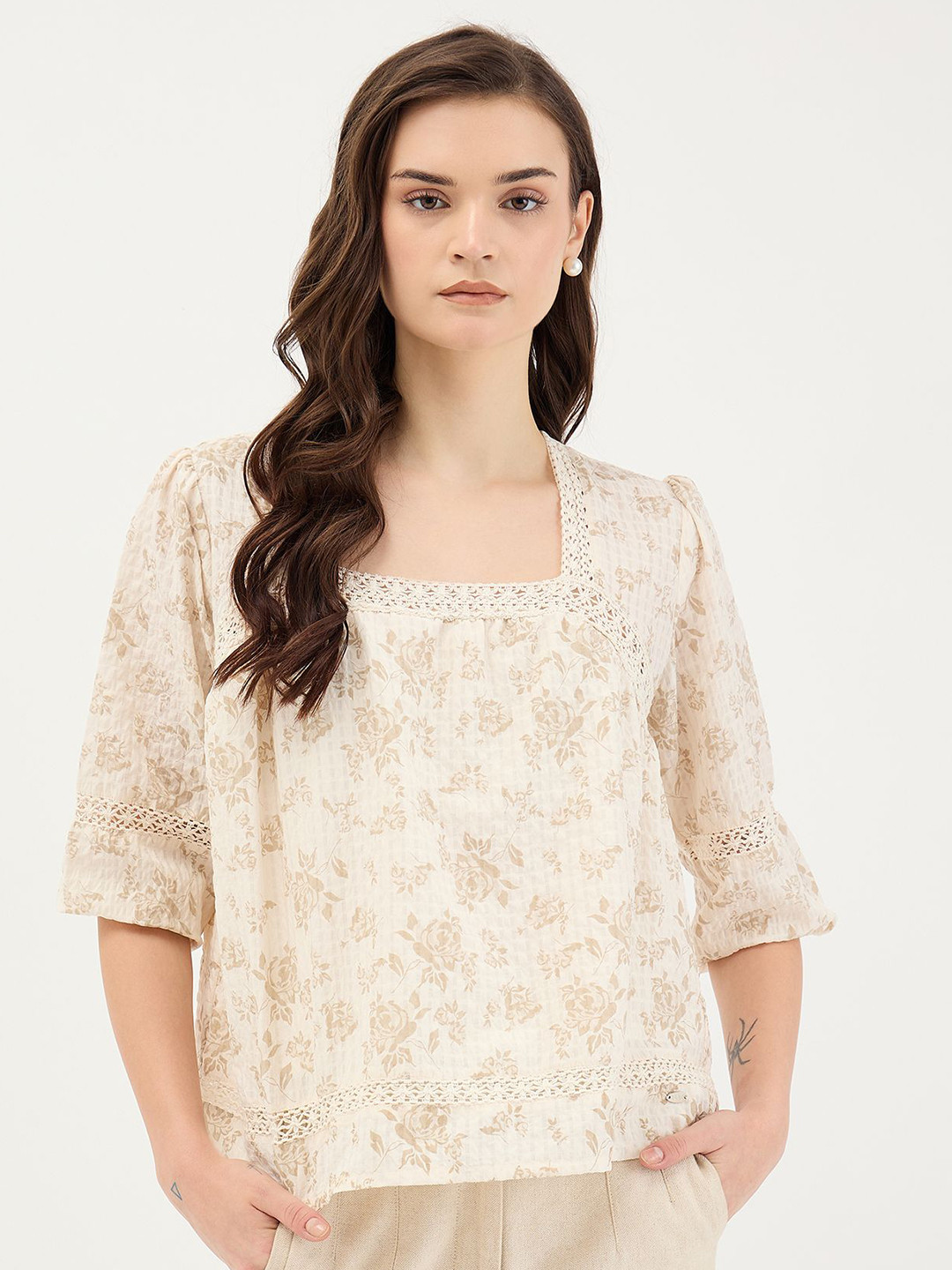 ELLE Fashion Women Floral Print Cotton Top
