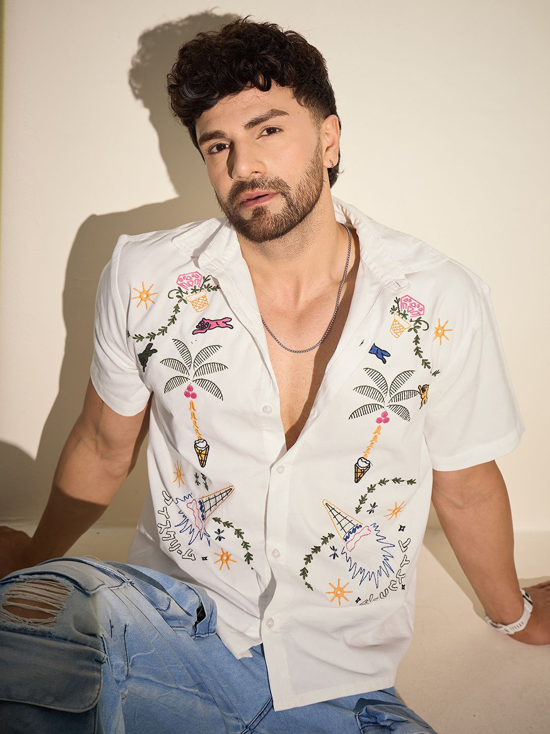 FUGAZEE Floral Embroidered Corduroy Spread Collar Shirt