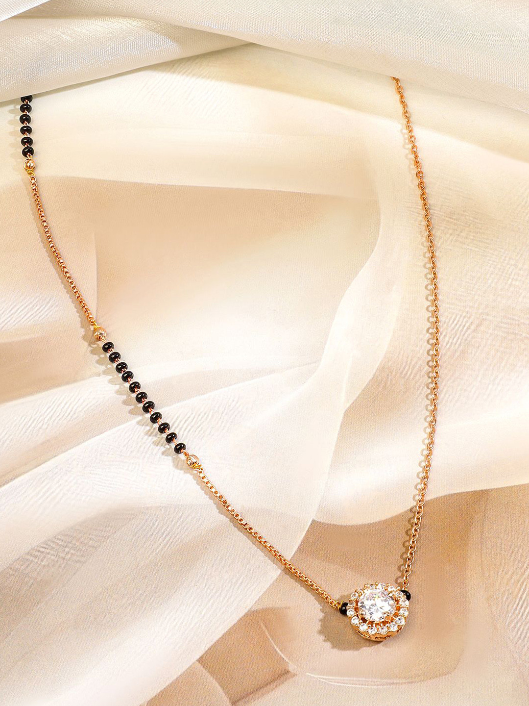 Rubans 18K Rose Gold-Plated Cubic Zirconia Studded Round Pendant Mangalsutra Chain