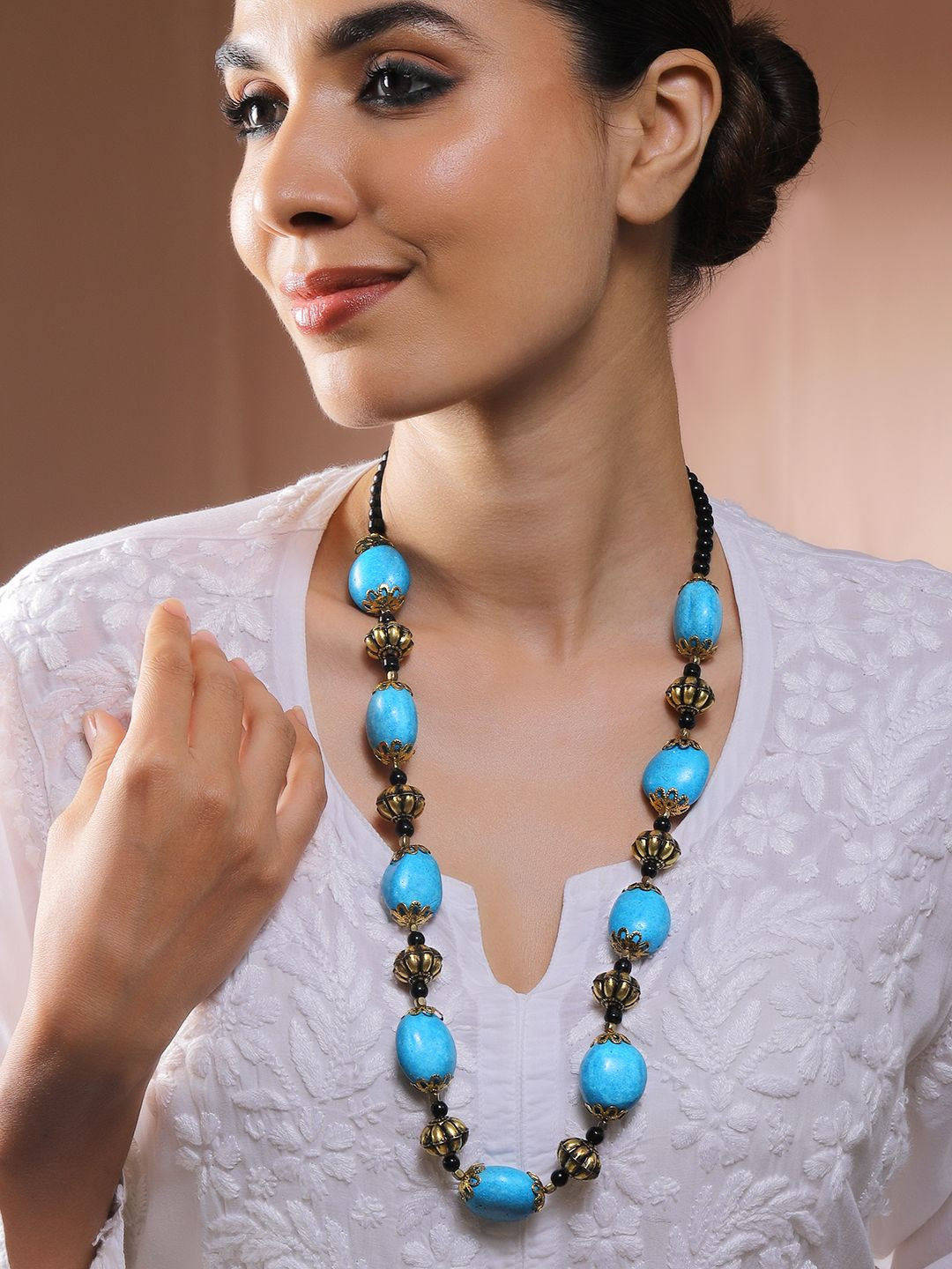 Rubans Oxidised Turquoise Blue Beaded Bohemian Necklace with Antique Gold & Black Beads
