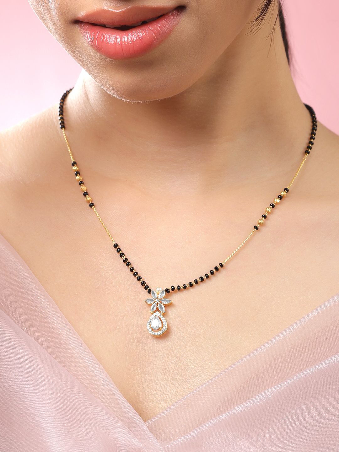 Rubans 18K Gold-Plated Cubic Zirconia Studded Floral Black & Gold Beaded Mangalsutra Chain