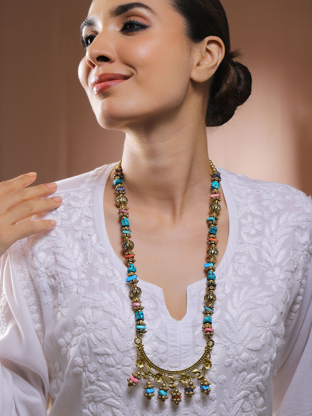 Rubans Oxidised Silver-Plated Multicolor Carved Beads Bohemian Necklace