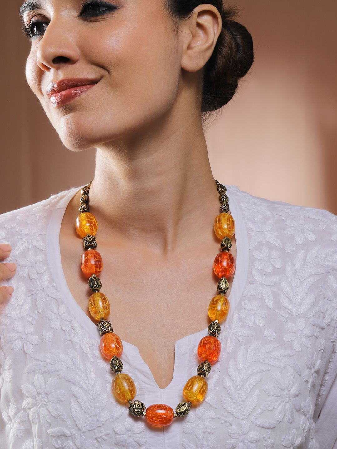 Rubans Oxidised Antique Gold Bohemian Necklace with Amber Orange & Yellow Textured Beads