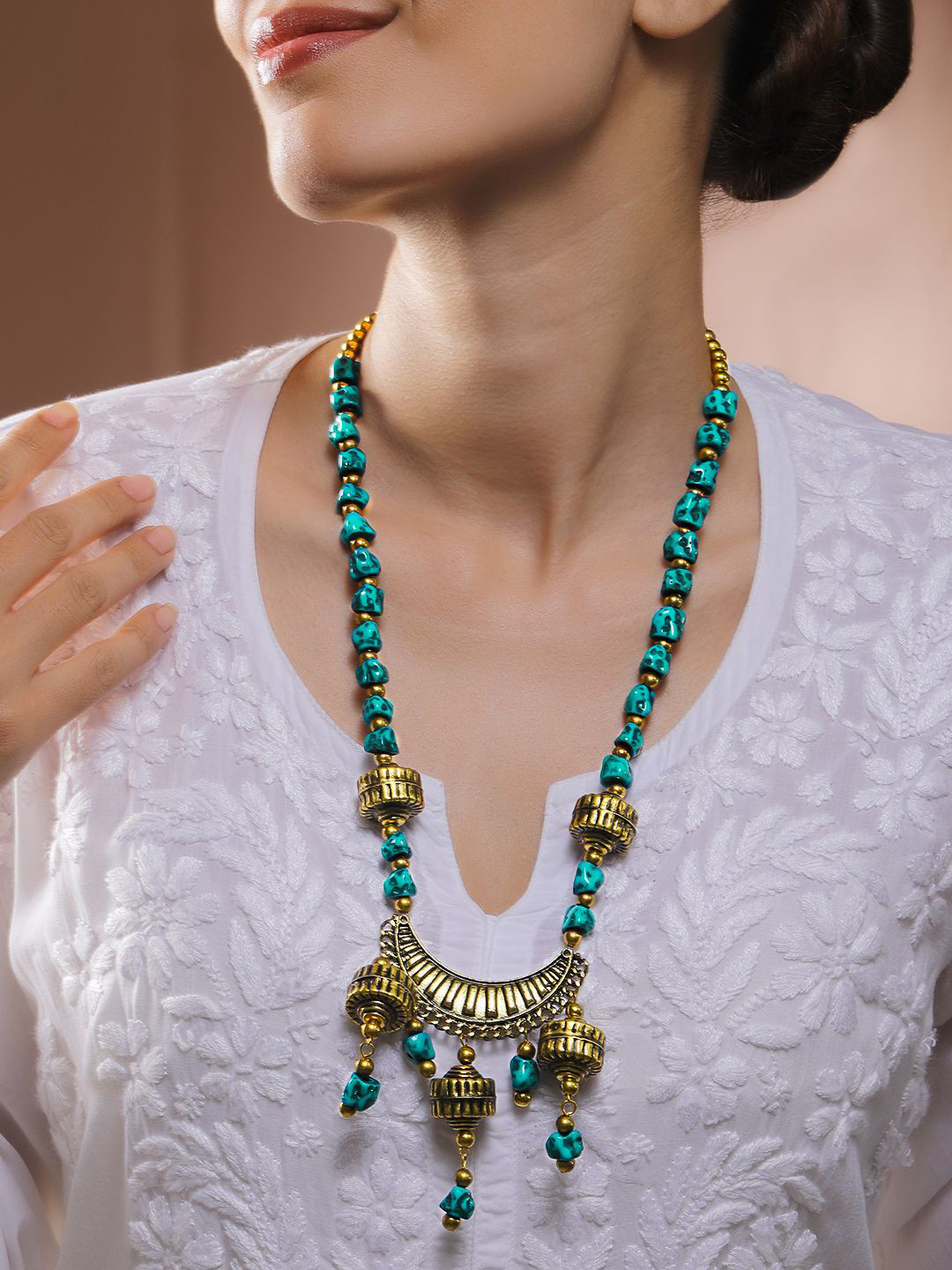 Rubans Oxidised Silver-Plated Tribal Pendant Necklace with Turquoise Blue Beads Charms