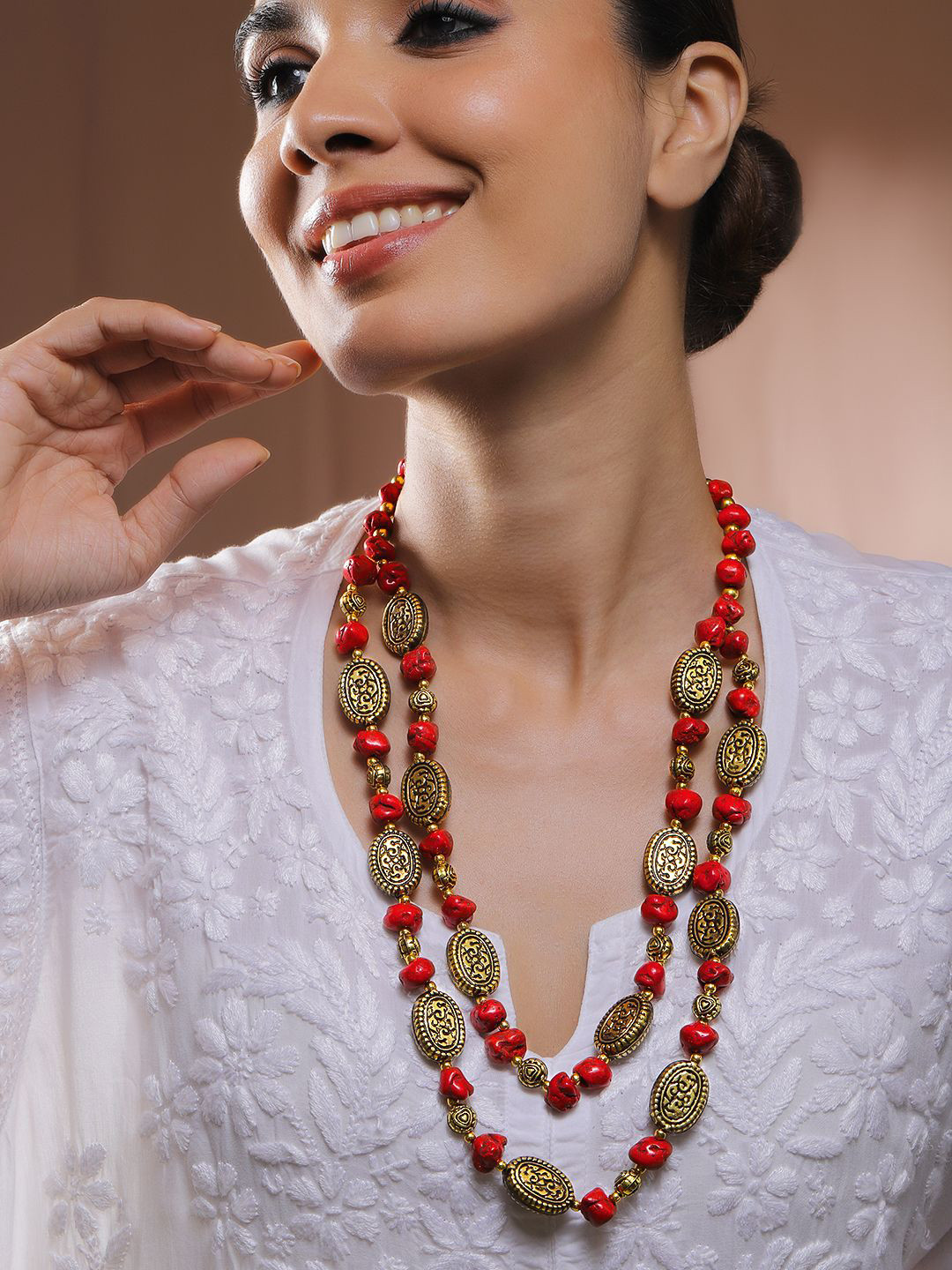 Rubans Oxidised Antique Gold-Plated Dual-Layer Tribal Necklace with Red Carved Beads