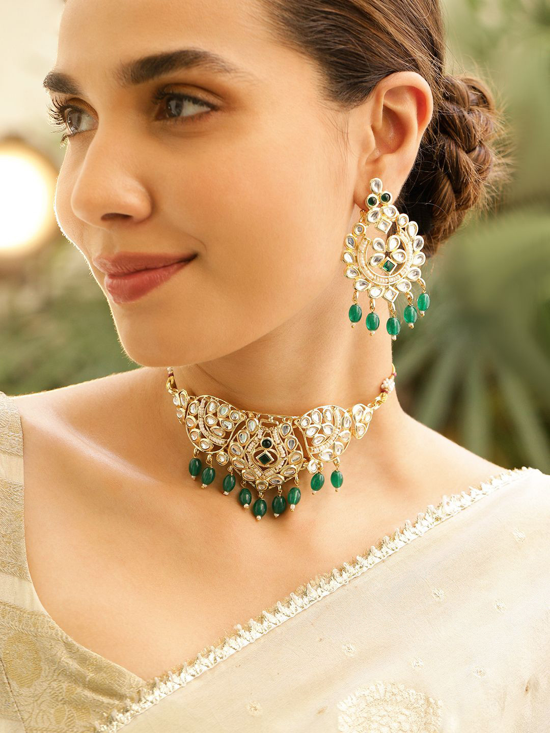 Rubans 18K Gold-Plated Kundan Studded & Emerald Green Beaded Traditional Choker Set
