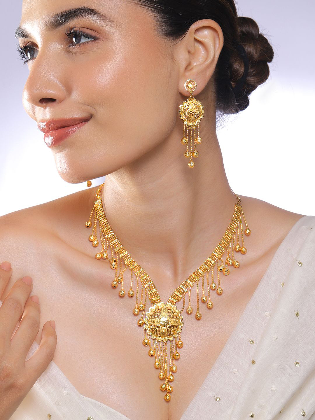 Rubans 18K Gold-Plated Necklace Set with Multilayer Gold Beads & Filigree Floral Design