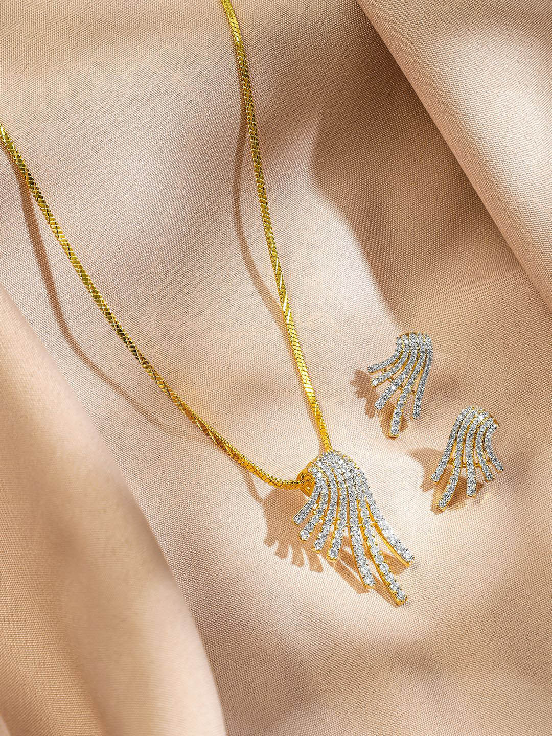 Rubans 18K Gold-Plated Cubic Zirconia Studded Cascading Wave Design Pendant Necklace Set