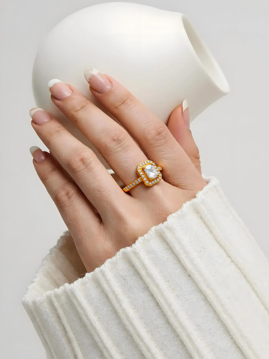 Rubans 18K Gold-Plated Adjustable White Cubic Zirconia Studded Rectangular Halo Ring