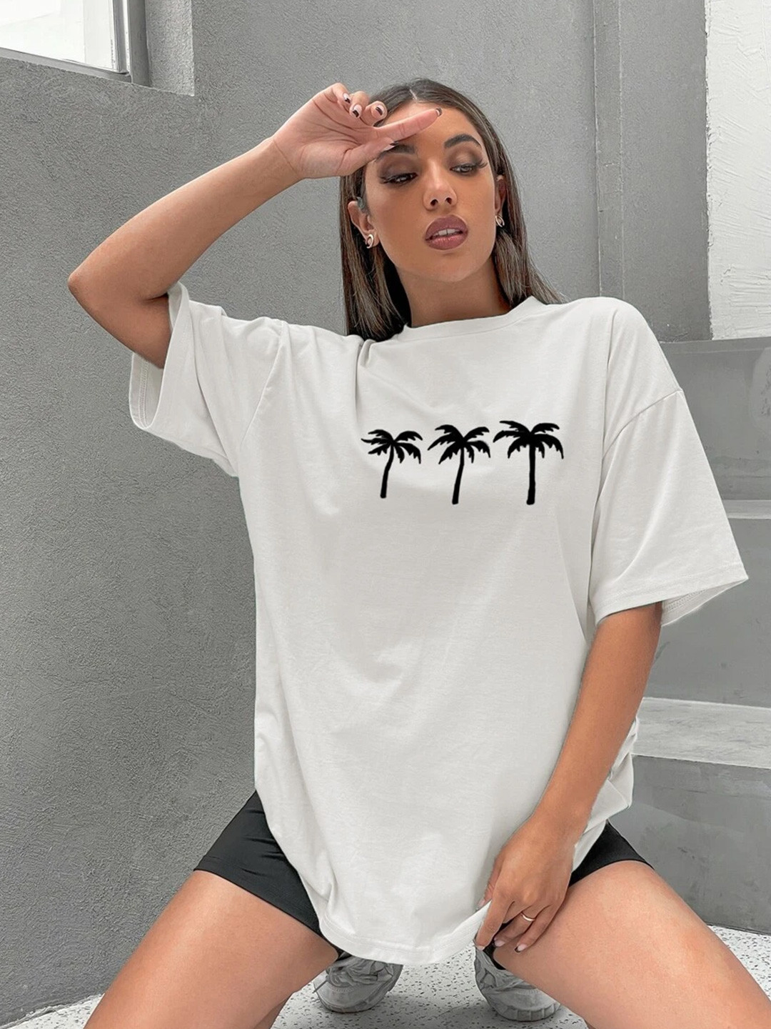 Graphic Printed Cotton Three-Quarter Sleeves Round Neck Oversized T-shirt