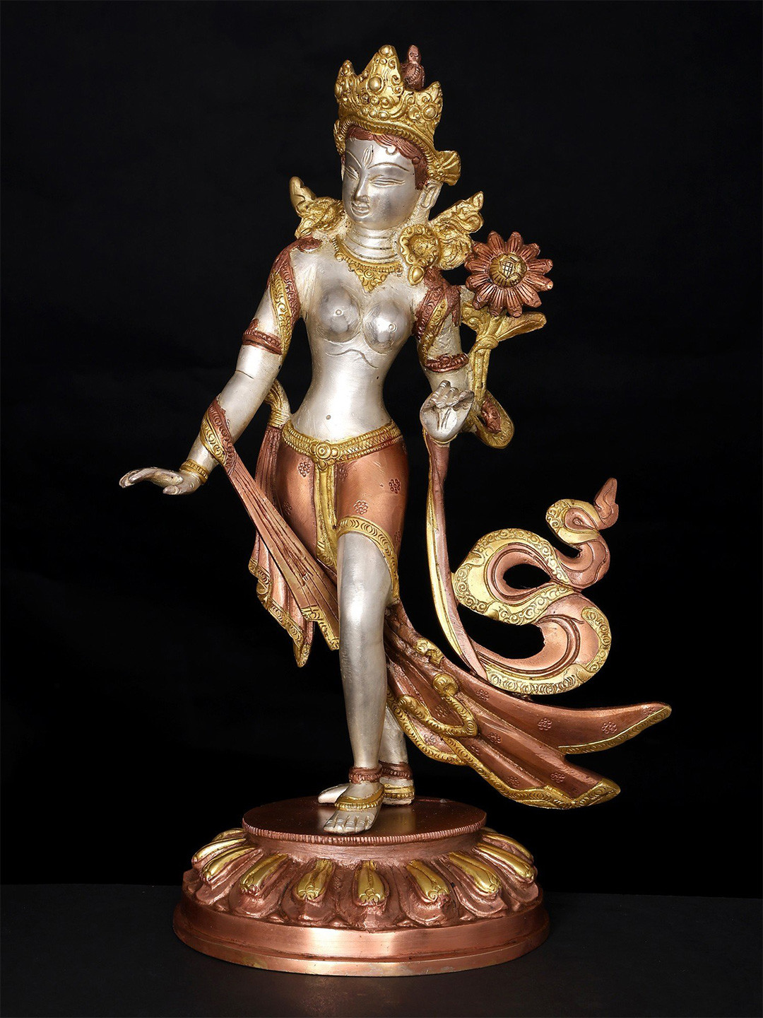 Exotic India Silver-Toned & Gold-Toned Tibetan Buddhist Standing Tara Idol Showpiece