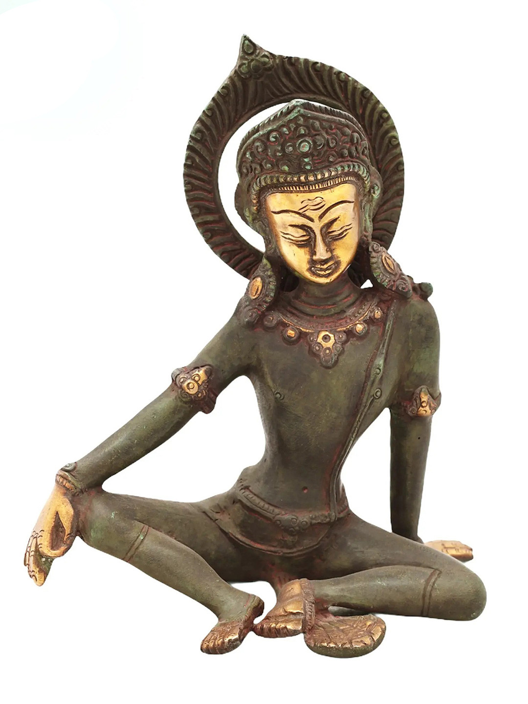 Exotic India Green & Gold-Toned Lord Indra Religious Idol Showpiece