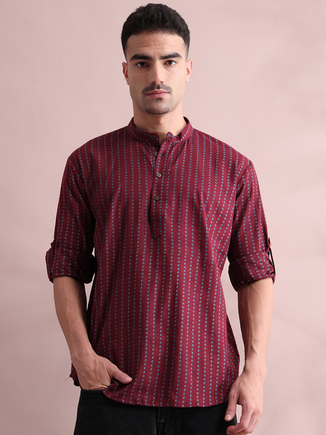 FILORI STUDIO Polka Dot Printed Band Collar Roll-Up Sleeves Pure Cotton Straight Short Kurta