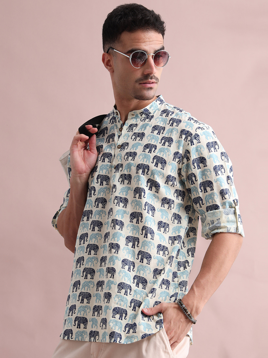 FILORI STUDIO Animal Printed Band Collar Pure Cotton Short Kurta