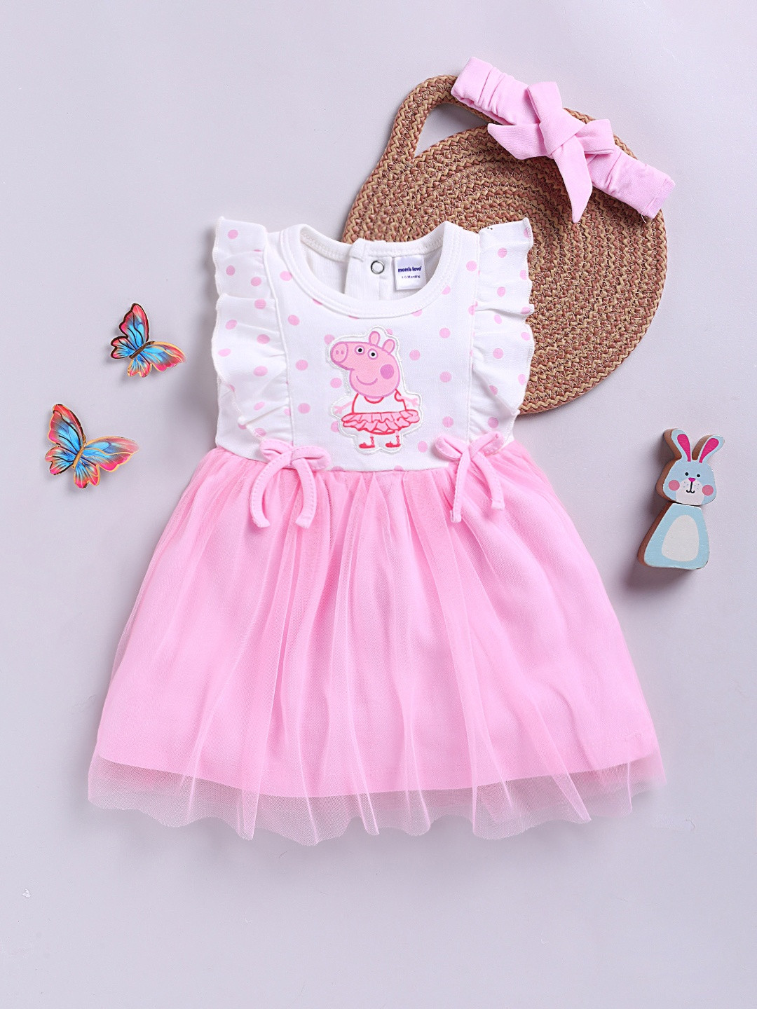 Moms Love Infant Girls Printed Ruffles Peppa Pig Pure Cotton Dress with Bow Headband