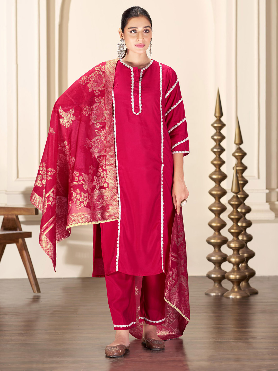 BulBul Women Regular Thread Work Pure Silk Kurta with Palazzos & With Dupatta