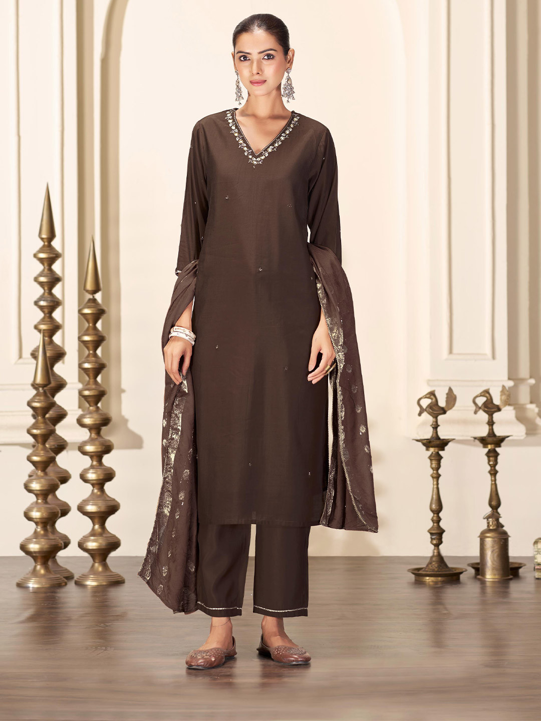 BulBul Women Solid Yoke Design Thread Work A-Line Kurta with Palazzos & Dupatta