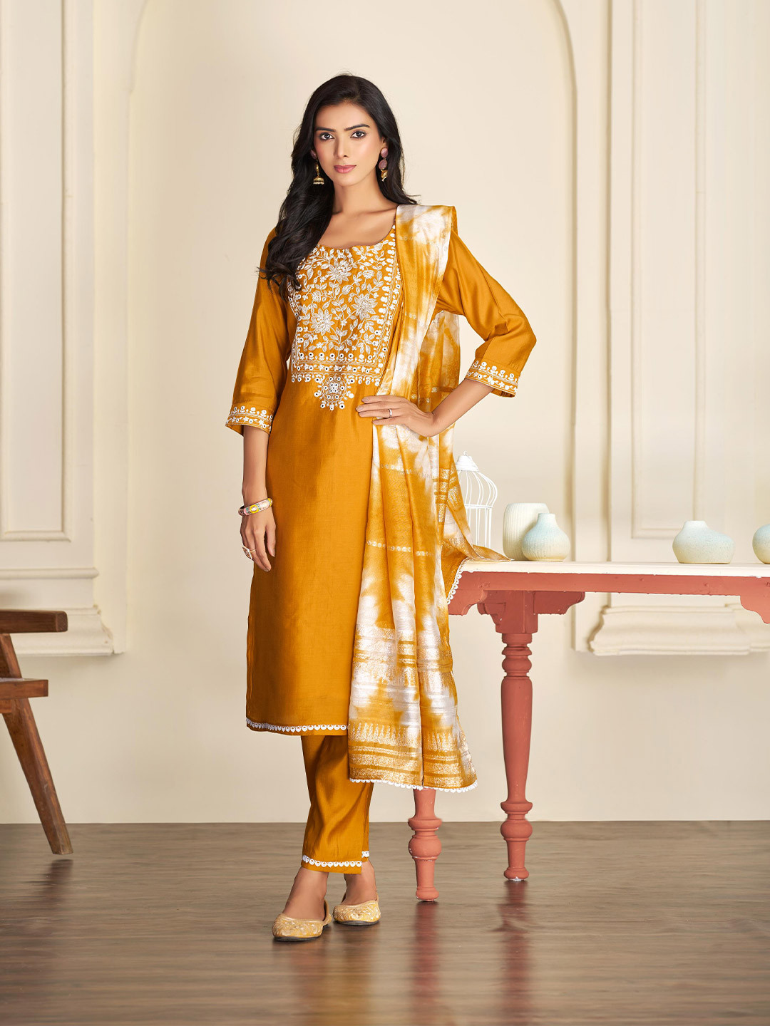 BulBul Floral Yoke Design Thread Work Pure Silk Straight Kurta With Trousers & Dupatta