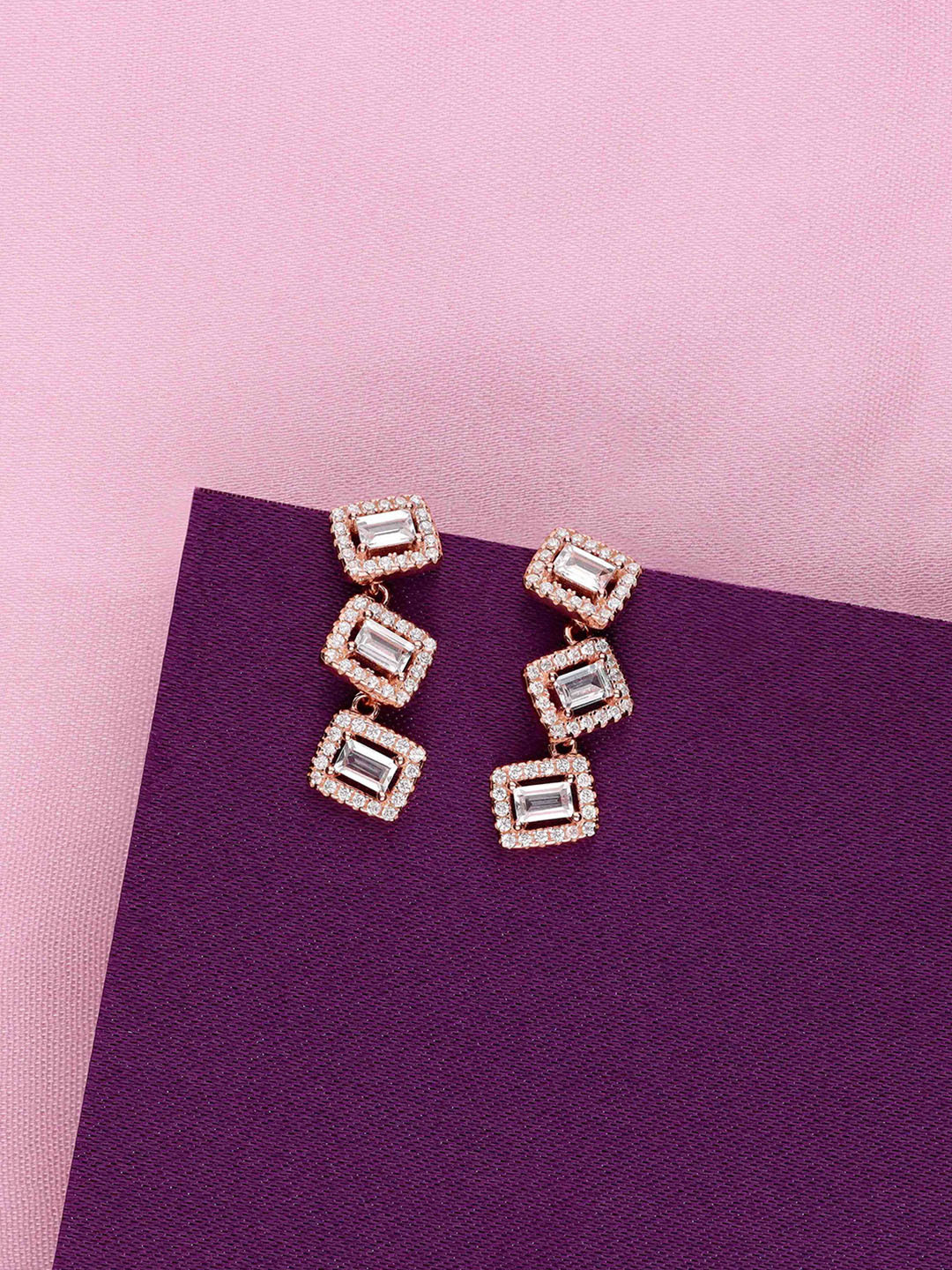 KAI JEWEL 92.5 Silver Rose Gold-Plated Square Cubic Zirconia Studded Drop Earrings