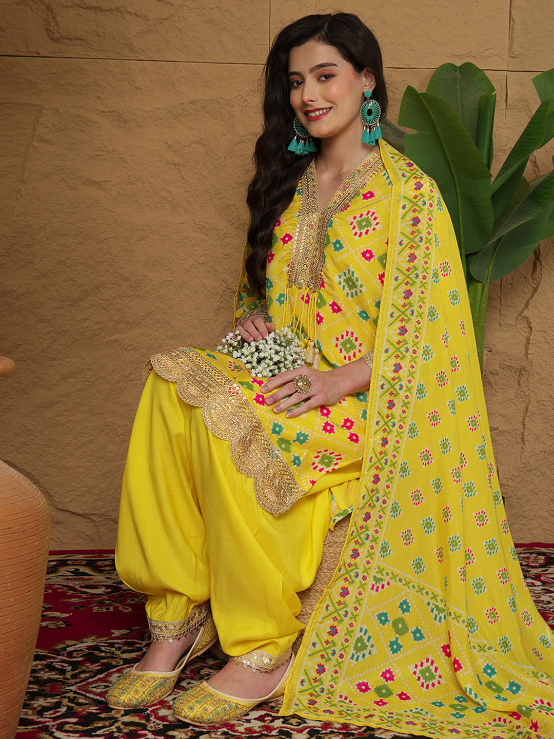 Sangria Floral Printed V-Neck Thread Work Pure Silk Kurta With Patiala And Dupatta