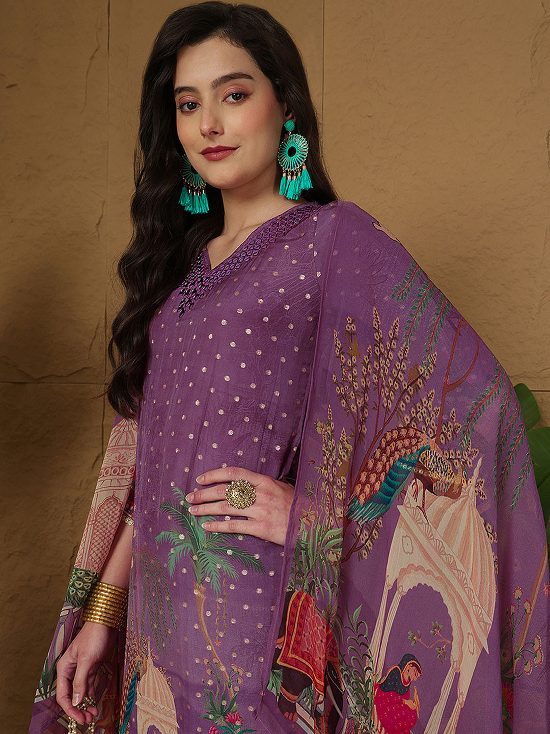 Sangria Women Graphic Printed V-Neck Pure Silk Straight Kurta Palazzo With Dupatta Set