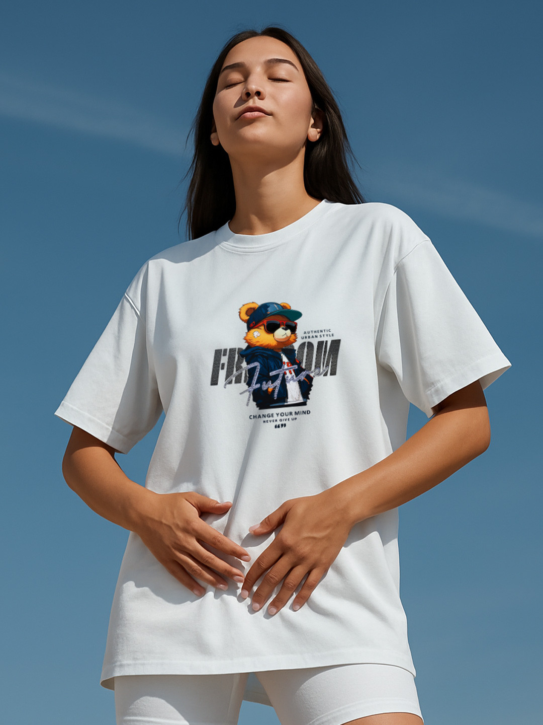 GRACE & JACK Freedom Bear 3D Graphic Printed Diamond Embellishments Cotton T-shirt