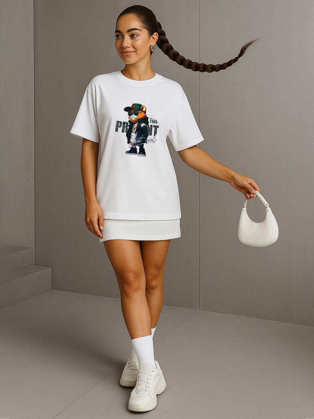 GRACE & JACK Just Cool Bear 3D Graphic Printed Cotton Diamond Embellishment T-shirt