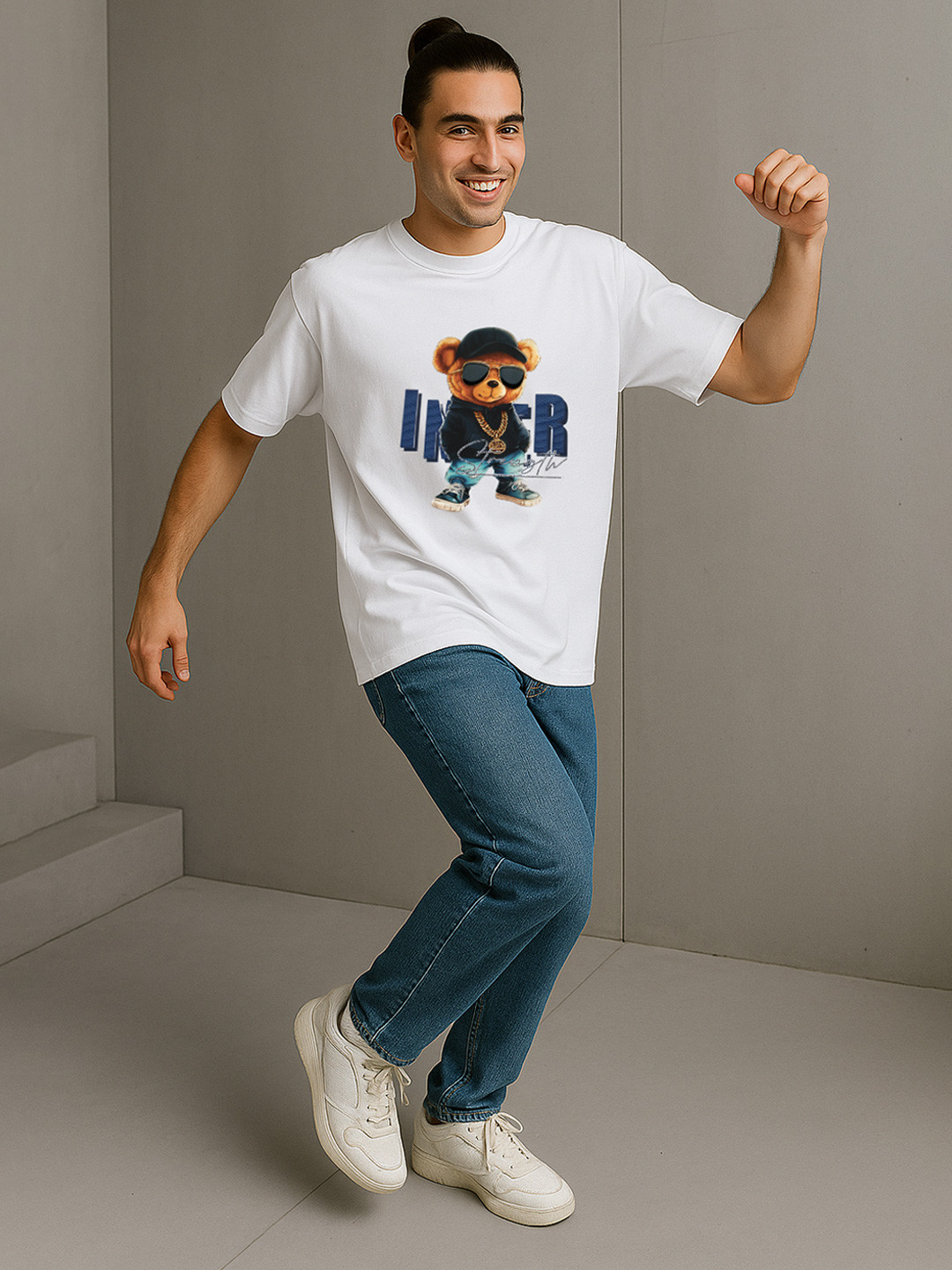 GRACE & JACK HipHop Bear 3D Graphic Printed Diamond Embellishments Cotton T-shirt