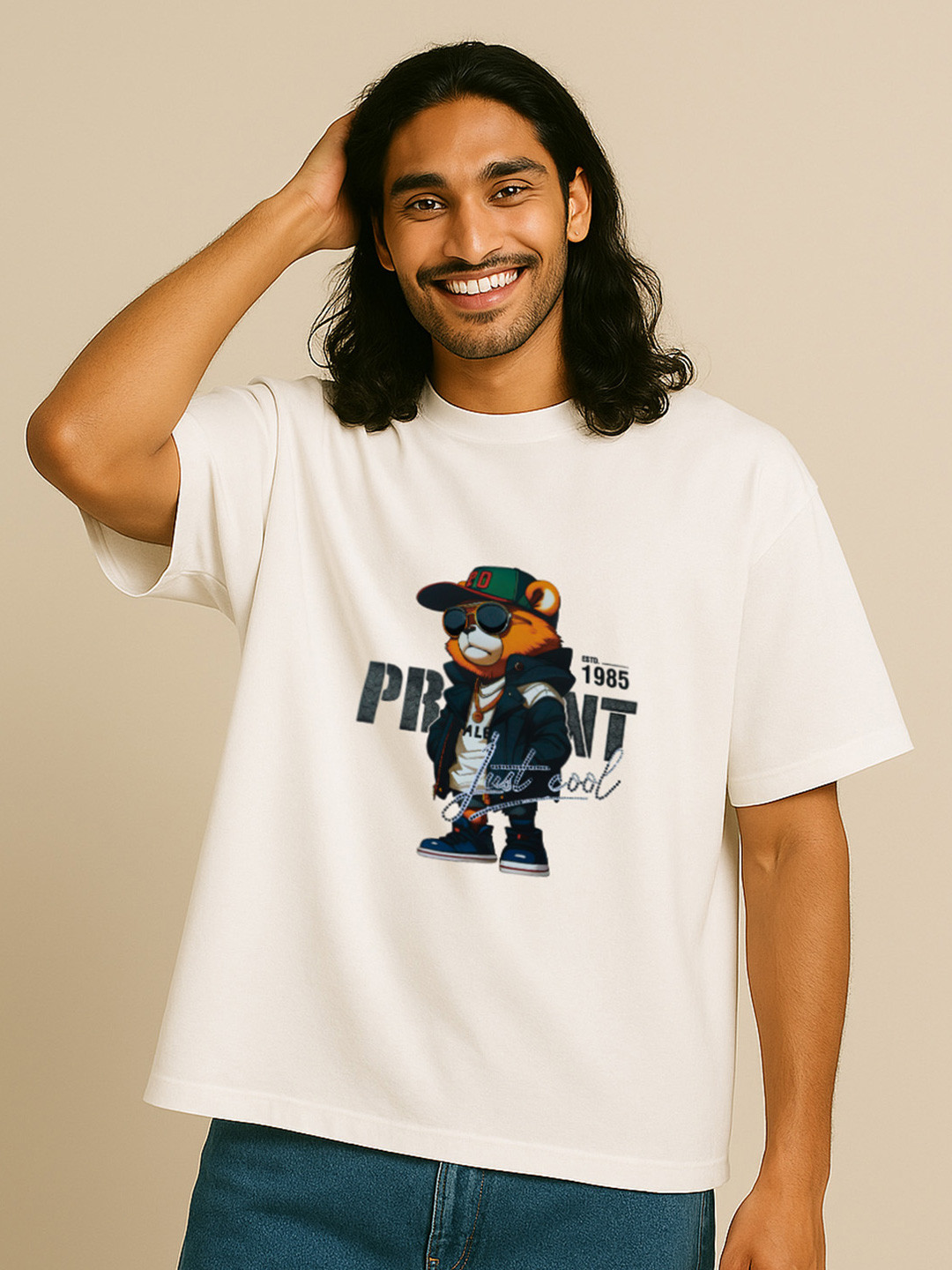 GRACE & JACK Just Cool Bear 3D Graphic Printed Cotton Diamond Embellishment T-shirt