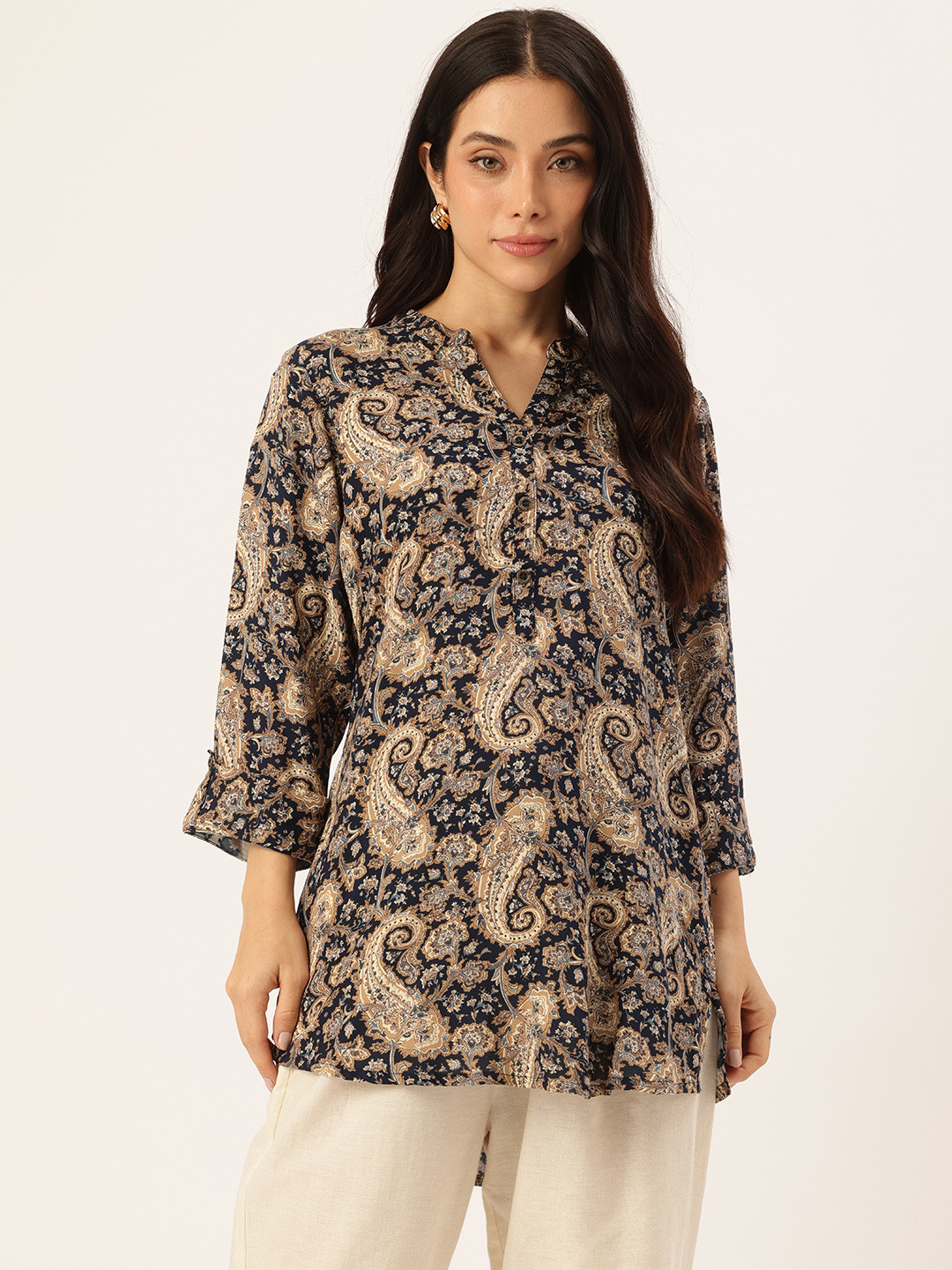 AMUKTI Paisley Printed Mandarin Collar Tunic