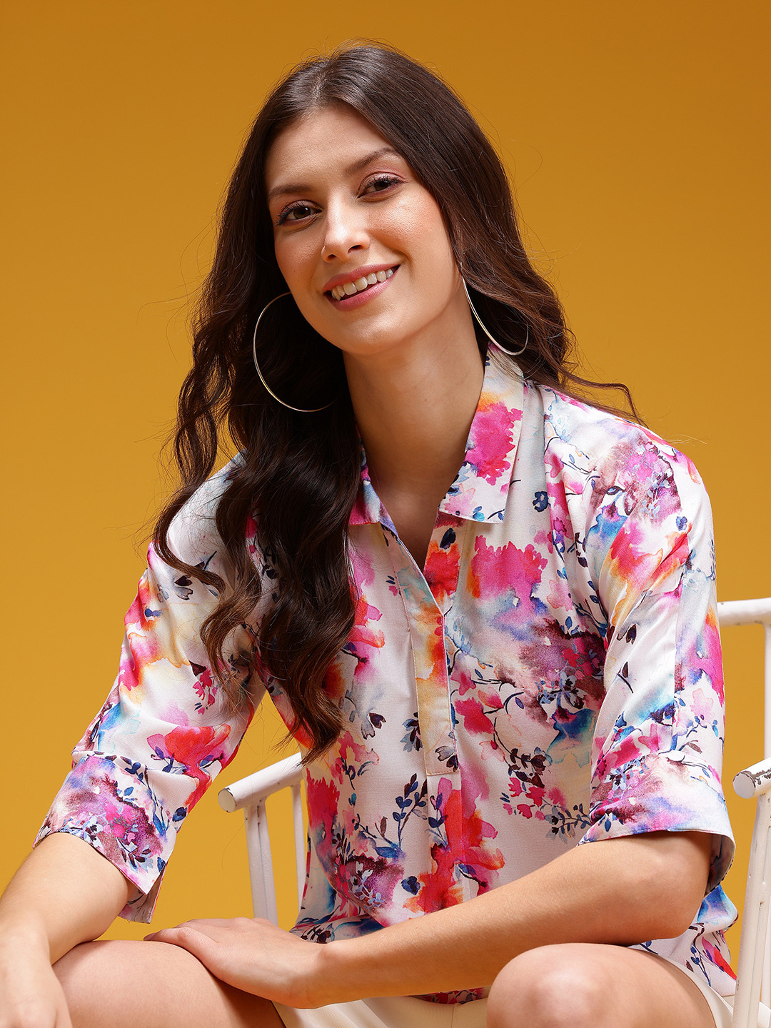 HERE&NOW Floral Print Pleated Detail Half Placket Casual Shirt