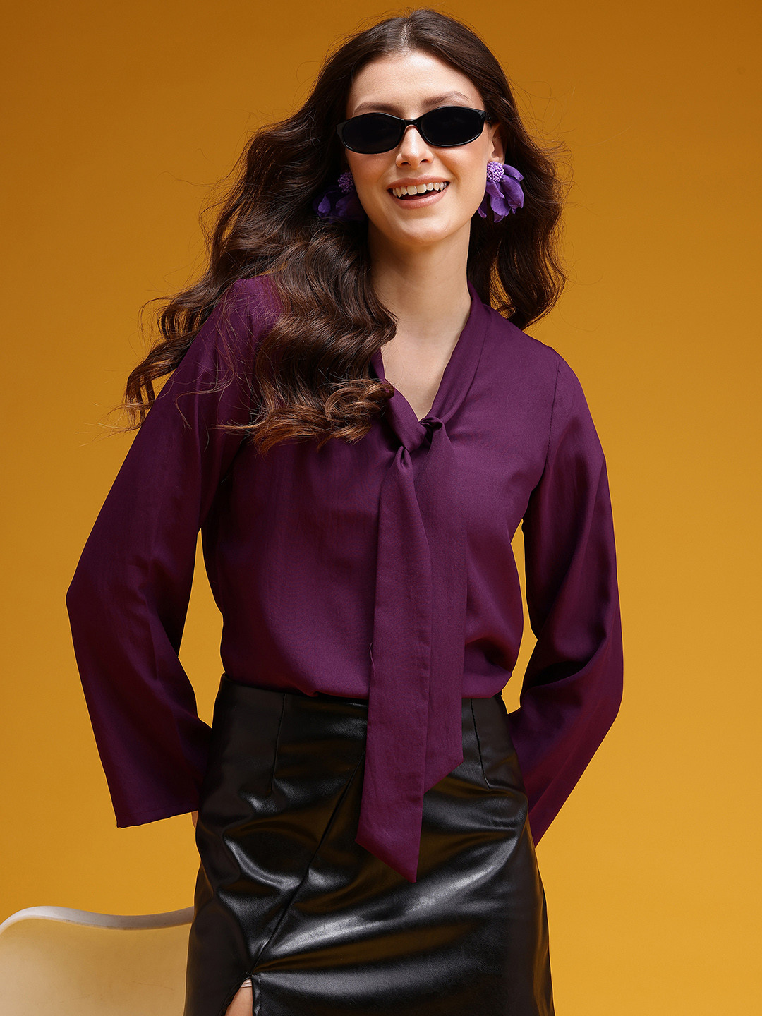 HERE&NOW Solid Scarf Neck Tie up Detail Top