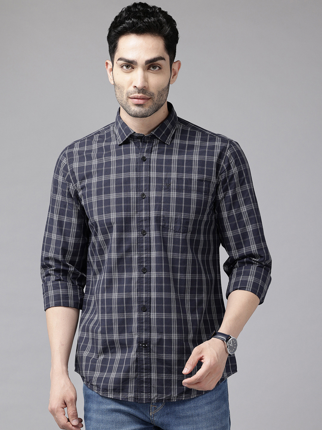 Blackberrys Tartan Checks Chest Pocket Detail Slim Fit Casual Shirt