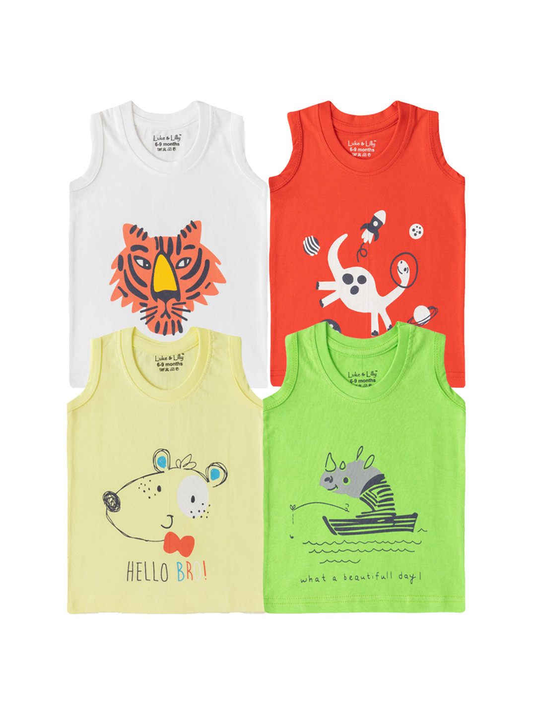 Luke & Lilly Boys Pack Of 4 Graphic Printed Round Neck Sleeveless Pure Cotton Tank