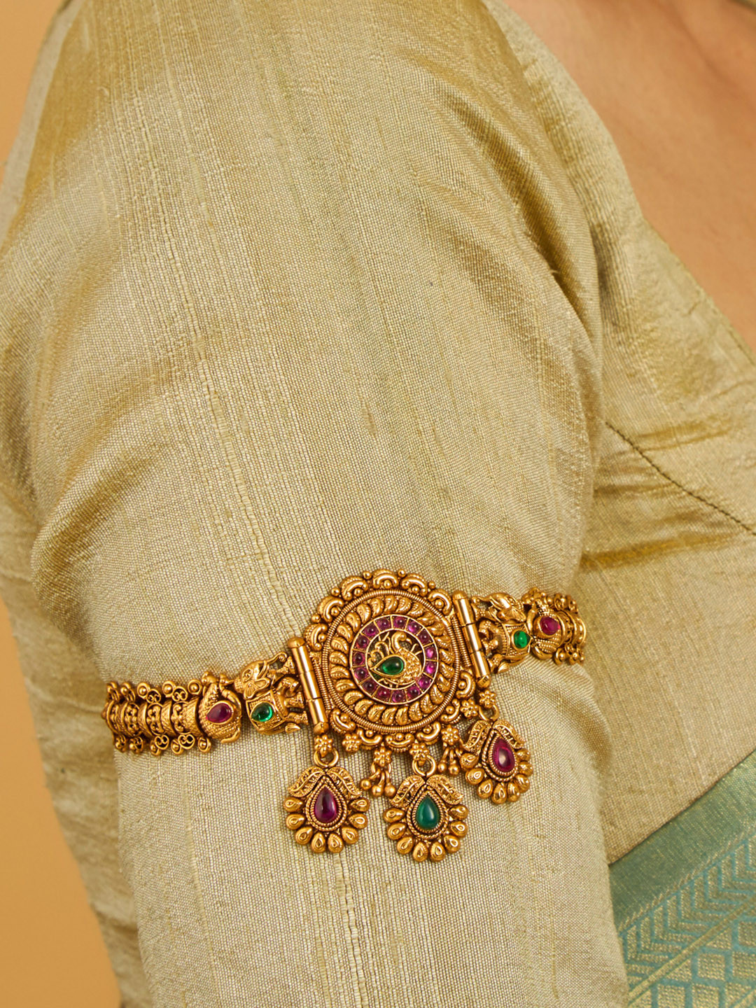 Kushal's Fashion Jewellery Gold Plated Ruby Studded Antique Armlet