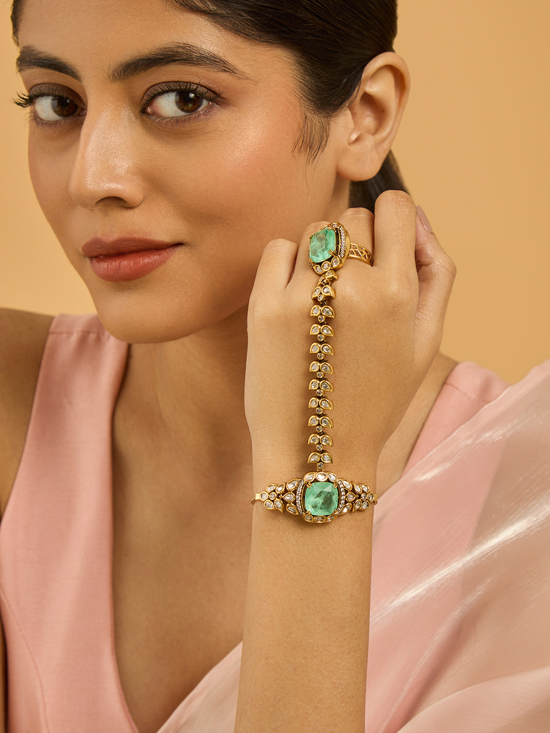Kushal's Fashion Jewellery Victorian Plated Kundan Studded Antique Ring Bracelet
