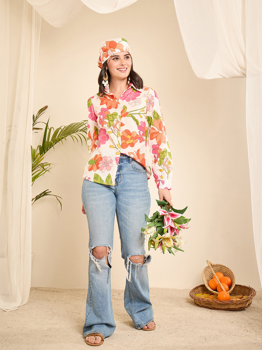 WineRed Floral Print Cotton Shirt Style Top